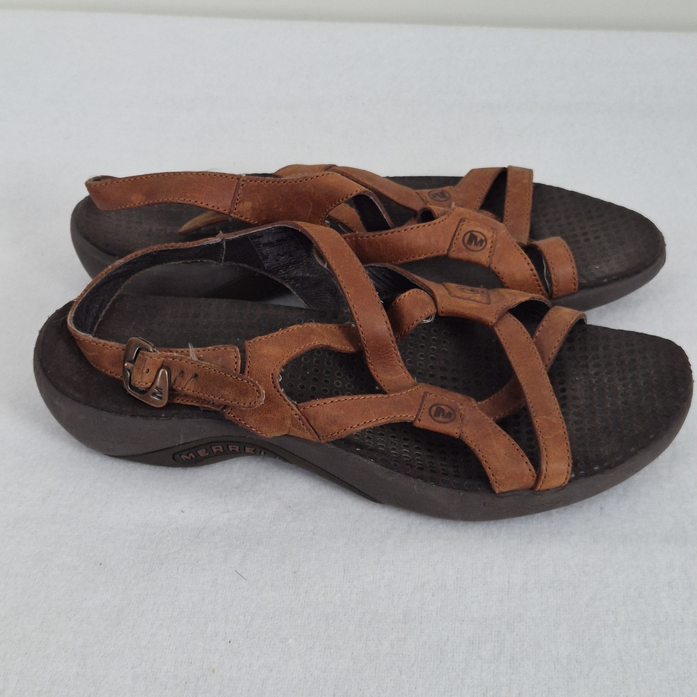 Merrell Agave Autumn Sz 7 Tan Leather Strappy Sandals Outdoors Crunchy Walking - Picture 2 of 8